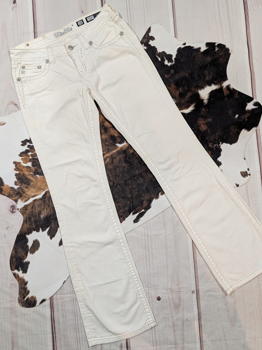 Miss Me White Bootcut Jeans With Silver Stitching